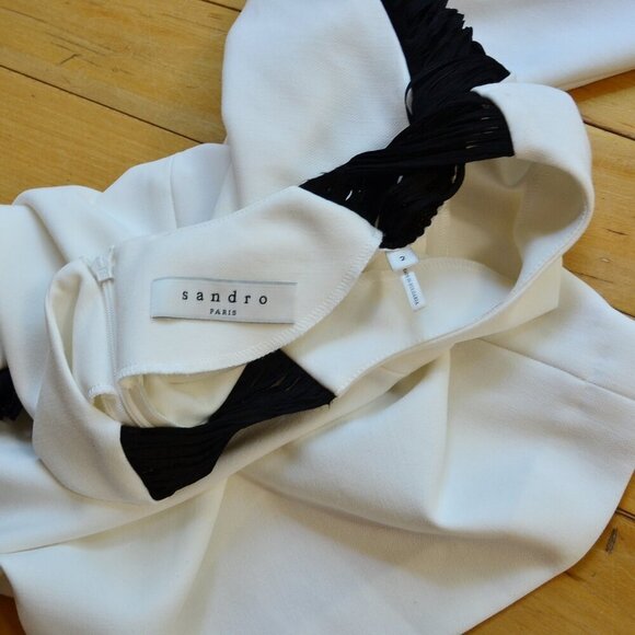 Sandro $275 White Black Fringe Sleeve Top Size 2 US S/M - Picture 8 of 14